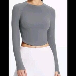 Long Sleeve Crop Top Athletic Shirt Workout Running‎ Thumb Hole Gray